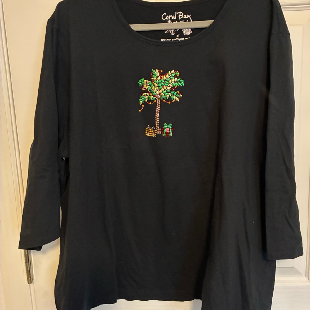 Coral Bay Black Holiday Top with Festive Palm Design